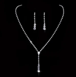 Elegant 'Y' Design Necklace & Earring Silver Tone Diamonte / Diamante Set NEW - Picture 1 of 1