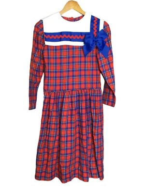 Vestido a Cuadros Vintage Lunes Niños Niñas Talla 12 Rojo y Azul Algodón Manga Larga Foto 1 de 4