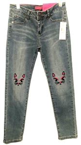 Betsey Johnson Girls Skinny Blue Faded Jeans Embr. Cats Face Size 8 NEW w/Tag - Picture 1 of 20