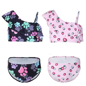 Girls Bathing Suit Asymmetrical Shoulder Swimsuits Flounce Tankini Set Holiday - Picture 1 of 26