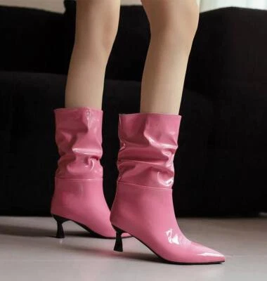 Mujer Punta Gatito Tacón Ancho Pantorrilla Bota Media Pantorrilla Zapato Fiesta Escenario Foto 1 de 4