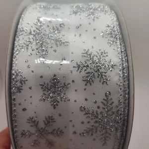 Wired Ribbon 2.5" x 80' JUMBO White Silver Glitter Snowflakes Sparkle Trim - Picture 1 of 6