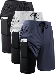 3 Pack Mens 2 in 1 Running Shorts Quick Dry Gym Athletic Workout Shorts with Com - Picture 1 of 12