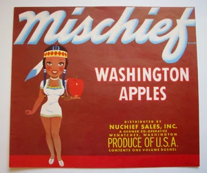 Original seltene MISCHIEF Apfelkiste Label Nuchief Sales Inc Wenatchee WA sexy - Bild 1 von 2