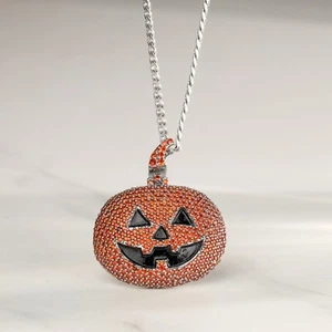 Iced Out Pumpkin Pendant Necklace Orange Diamonds Sterling Silver Black Enamel - Picture 1 of 7