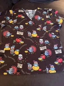 EUC Fall Thanksgiving Pumpkins Turkeys Scrub Top Size L - Picture 1 of 5