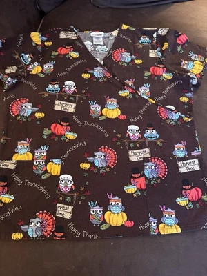 EUC Fall Thanksgiving Pumpkins Turkeys Scrub Top Size L - Image 1 of 4