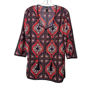 Kut from the Kloth Damen kleines rot blau Muster 3/4 Arm V-Ausschnitt Oberteil Bluse - Bild 1 von 5