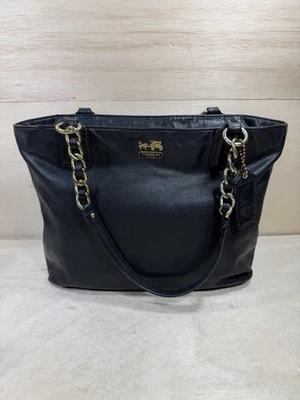 COACH Black Pebble Leather Madison Top Zipper Tote Purse Gold Chain #20466 - Image 1 of 4