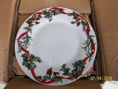 NIB 16 Pcs. Brylane Jolly Time 4 Pc Place Settings Red Ribbon Holly Christmas - Image 1 of 4