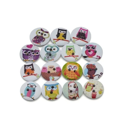 50PCS Cartoon owl Prints Wood Buttons, for DIY Sewing Crafts Scrapbooking 15mm A - Image 1 of 4