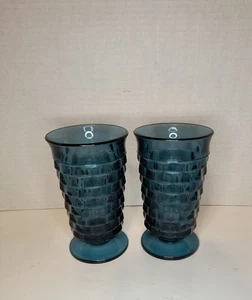 (2) INDIANA GLASS Whitehall Colony CUBIST Riviera Blue PEDESTAL 12oz 6" Tumbler - Picture 1 of 4