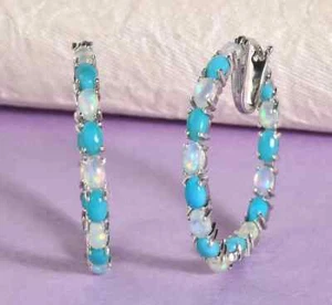 Ethiopian Welo Opal & Sleeping Beauty Turquoise Inside-Out Hoop Silver Earring - Picture 1 of 8