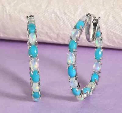 Ethiopian Welo Opal & Sleeping Beauty Turquoise Inside-Out Hoop Silver Earring - Image 1 of 4