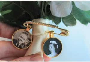 Personalized Bridal Bouquet Charm, Wedding Boutonniere Pin, Memorial Label - Picture 1 of 5