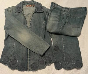 Dana Buchman Size 6/28 Studded Jean + Zip Front Jacket Set Scalloped Studded - Picture 1 of 21