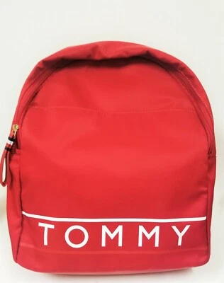 NUEVO TOMMY HILFIGER ROJO NYLON, LOGOTIPO BLANCO, ACENTO DORADO, CREMALLERA SUPERIOR, MOCHILA, BOLSO Foto 1 de 3