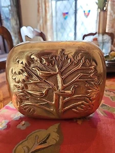 Vtg Heavy Arts & Crafts Solid Brass Repousse Tree Birds Vase • Two-Sided Design - Picture 1 of 14