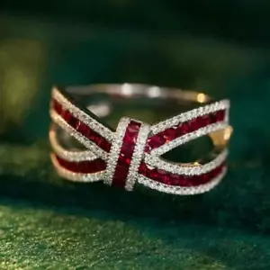 Ribbon Knot Lab Created Ruby Natural Diamond Women Pave Ring 14K White Gold Gift - Picture 1 of 6