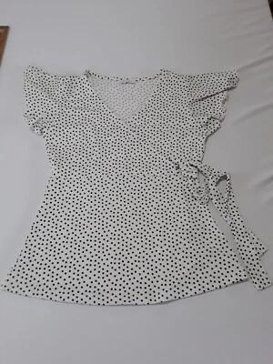 Ladies Mock Wrap Blouse Amisu Size S V Neck Star White Spots 13986 - Image 1 of 4