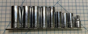 SK Deep Socket Set 3/8 Dr. SAE 7/16" thru 7/8" 12 Point w/extension (8 piece) - Picture 1 of 4