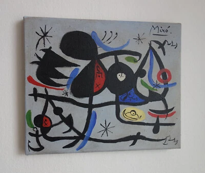 Pintura única fina – Personagens surreais, assinada por Joan Miro, com certificado de autenticidade - Imagem 1 de 4