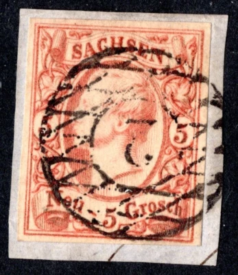 GERMANY SAXONY 1860 SCOTT #13a ORANGE BROWN USED 4 CLEAR MARGINS TIED - Image 1 of 2