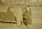 RPPC c.1935 Older Couple Pose in Front of Roadster Old Car Real Photo Postcard
