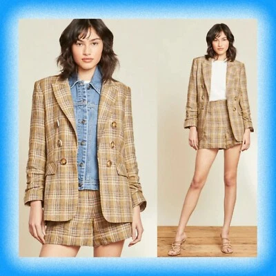 Beacon Plaid Dickey Jacket Linen Blazer Sage Multi Veronica Beard Ruched Sleeves - Image 1 of 4