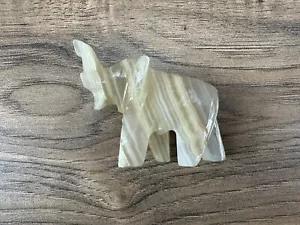 Onyx Marble Elephant Trunk Up Hand Carved Polished Yellow Orange Tan Figurine - Picture 1 of 6