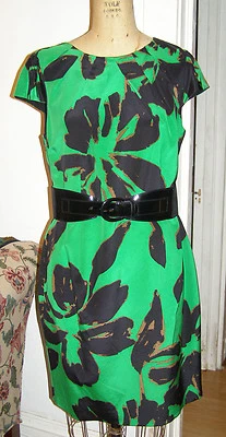 ¡NUEVO CON ETIQUETAS! $315 Vestido Neiman Marcus Chetta B Seda Cinturón Talla 10-12 Verde Estampado Floral Foto 1 de 4