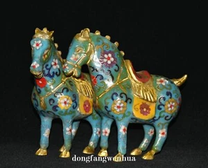 7 China Bronze Cloisonne Enamel Fengshui Tang Horse Animal Statue Sculpture Pair - Picture 1 of 9