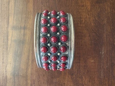 Tibetan Silver Plated Cuff Bracelet - Faux Red Stones - Image 1 of 4