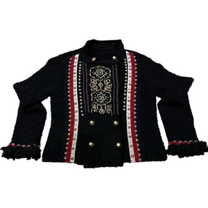 Vintage Curio Textured Knit Wool Blend Cardigan Fringe Embroidered Sweater Small - Picture 1 of 5