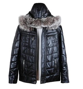 Men's Black Leather Padded Jacket Soft Lambskin With Fur Hooded Coat - Picture 1 of 8