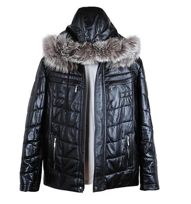 Men's Black Leather Padded Jacket Soft Lambskin With Fur Hooded Coat  - Image 1 of 4