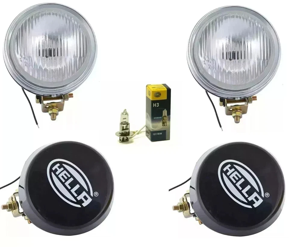 Pair Of Hella Round Fog Lamp Clear Glass With Cover & H3 12V 55 Bulb Universal - Image 1 of 4