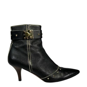 LOUIS VUITTON Suhali Leather Stud Pointed Toe Ankle Boots Black Women's 38.5 8.5 - Picture 1 of 11