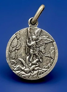 Vintage Catholic St Michael, Guardian Angel Silver Tone Petite Medal - Picture 1 of 3