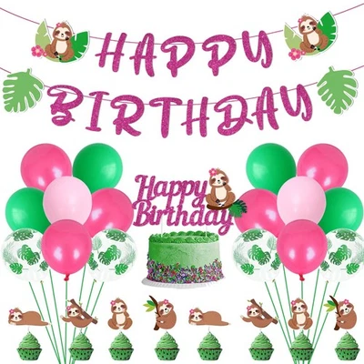 58Pcs Sloth Birthday Party Decorations for Girls - Hot Pink Happy Birthday Ba... - Image 1 of 4