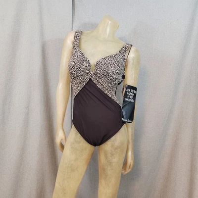 Miraclesuit Brown Spots & Solid One Piece Swimsuit Bathing Suit NEW Siz 12 LARGE - Image 1 of 4