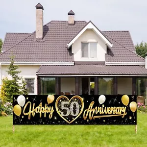 Happy 50th Wedding Anniversary Banner Decorations Black Gold 50th Anniversary... - Picture 1 of 7