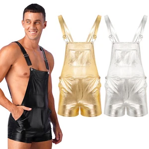 Para Hombres Brillante Metálico Babero Overall Tirantes Pantalones Cortos Body Mono Ropa de Club - Imagen 1 de 41