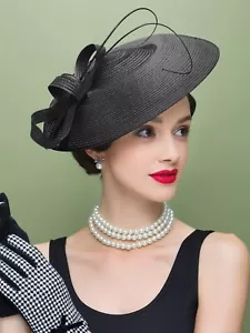 Schwarzer Damenhut Stroh breite Krempe für Kirche, Party, Kentucky Derby Fascinators - Bild 1 von 2