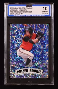 Jackson Holliday 2023 Leaf Prized Rookie Disco 1/1 prova di pre-produzione ISA 10 - Foto 1 di 2