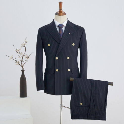 Men's Suits 3PCS Coat Vest Pants Double-breasted Striped Formal Dress Business