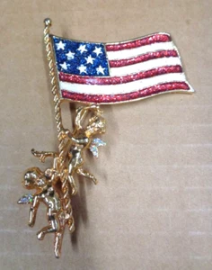 RARE Estate Jewelry KIRK'S FOLLY Goldtone Enamel AMERICAN FLAG CHERUB Pin - Picture 1 of 5
