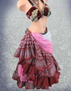 Burgundy Assuit Print 25 Yd  Skirt Tribal Belly Dance  3-Day Free Shipping! 