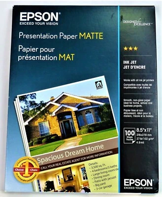 Epson Presentation Matte - Inkjet Paper - 100 Sheets, 8.5" x 11" Ink Jet  -  NEW - Image 1 of 2