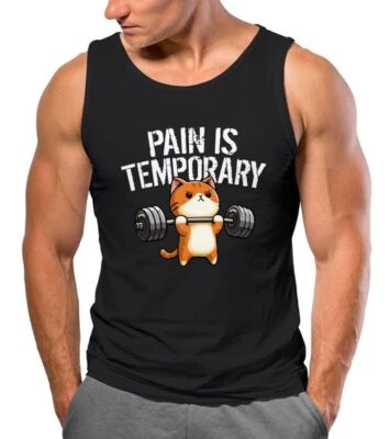 Herren Tanktop Fitness Sport Gym Bodybuilding Katze Spruch Lustig Pain is - Bild 1 von 2